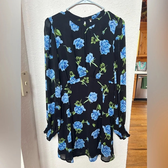 Free People Black Blue Flowers Dress Adjust Cinches & Elastic Waist Back Size M - Picture 2 of 7